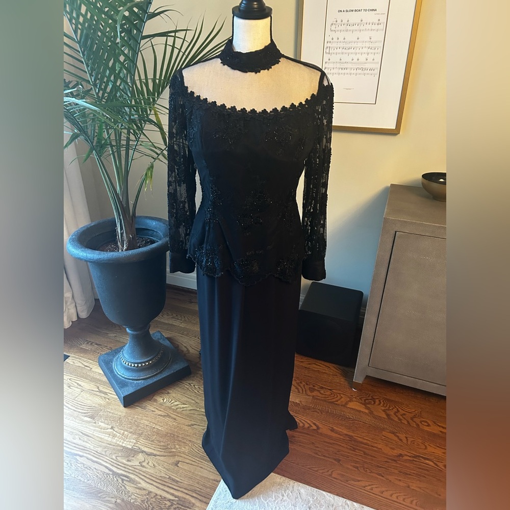 Jovani Black Beaded Lace Formal Gown